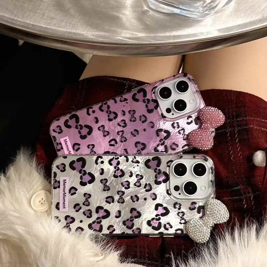 Diamond Bow Case for iPhone 16 Pro Max 13 15 14 Plus Cute Kitty Lovely Leopard Printed Ins Style Phone Cover for iPhone 11 12