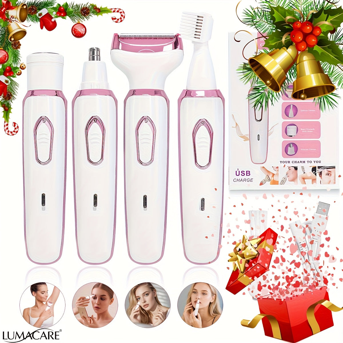 4in1 Women's Electric Hair Remover Multifunctional Women's Electric Shaver Trimmer Set Bikini Line Trimmer for Women USB Rechargeable for Eyebrows, Nose, Face Legs Hair Removal Portable Gentle Perfect Gift for Women