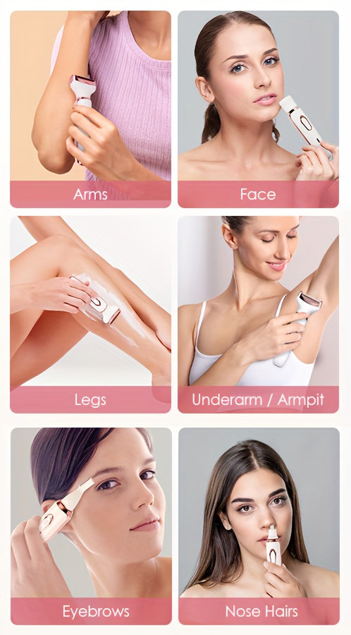 4in1 Women's Electric Hair Remover Multifunctional Women's Electric Shaver Trimmer Set Bikini Line Trimmer for Women USB Rechargeable for Eyebrows, Nose, Face Legs Hair Removal Portable Gentle Perfect Gift for Women