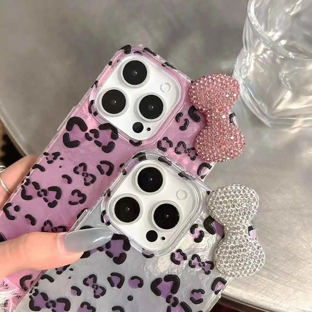 Diamond Bow Case for iPhone 16 Pro Max 13 15 14 Plus Cute Kitty Lovely Leopard Printed Ins Style Phone Cover for iPhone 11 12