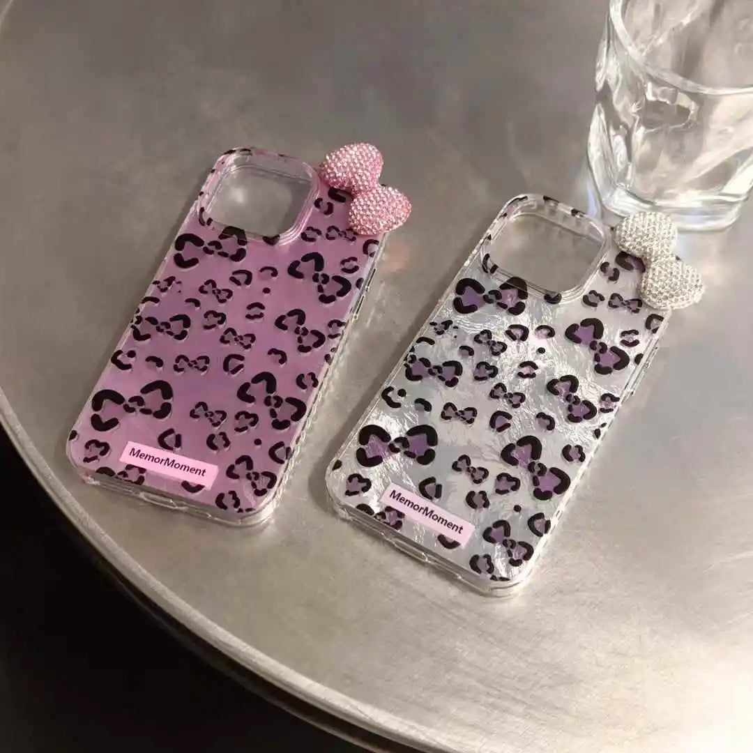Diamond Bow Case for iPhone 16 Pro Max 13 15 14 Plus Cute Kitty Lovely Leopard Printed Ins Style Phone Cover for iPhone 11 12