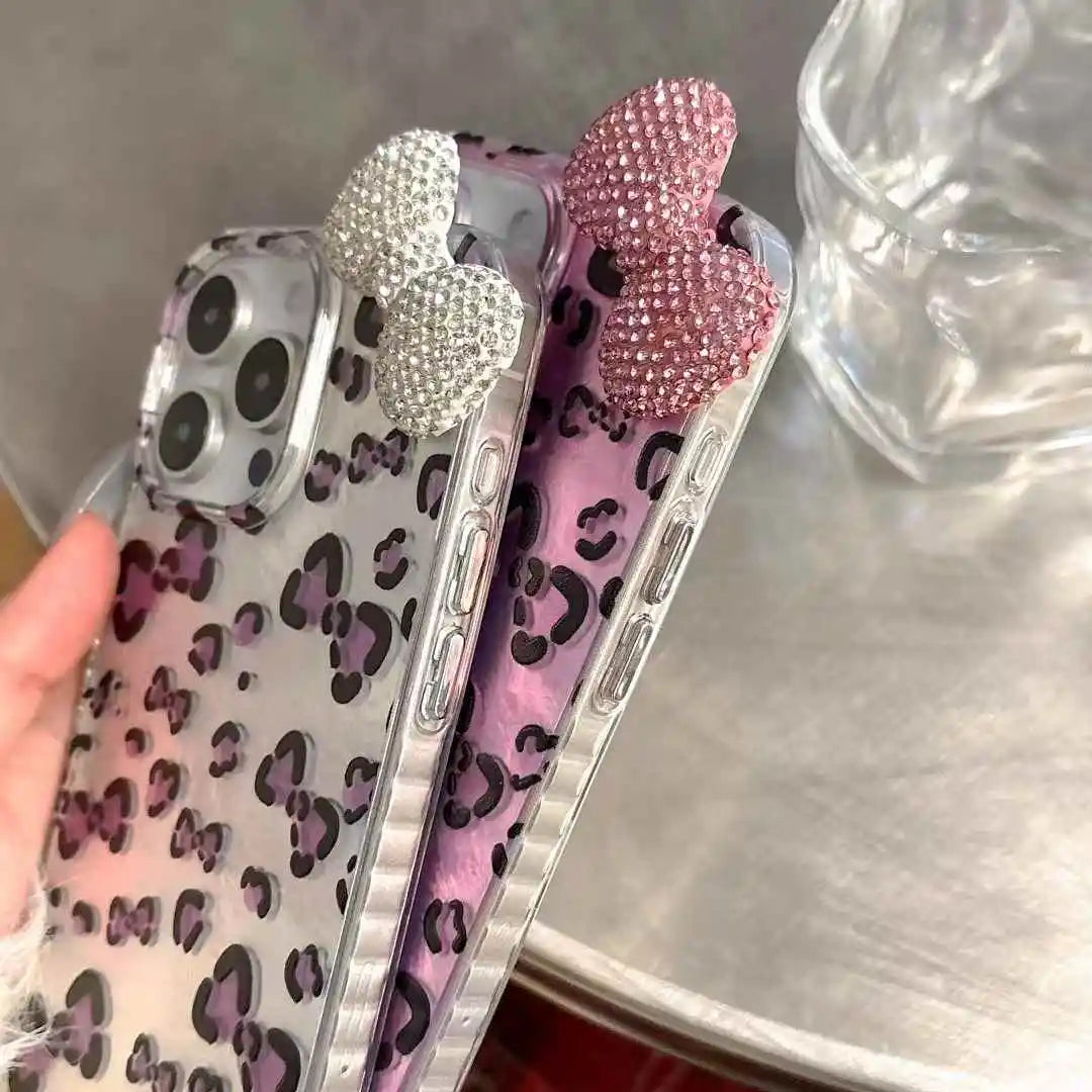 Diamond Bow Case for iPhone 16 Pro Max 13 15 14 Plus Cute Kitty Lovely Leopard Printed Ins Style Phone Cover for iPhone 11 12