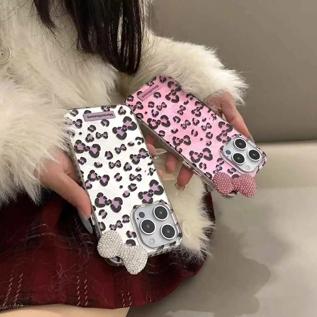 Diamond Bow Case for iPhone 16 Pro Max 13 15 14 Plus Cute Kitty Lovely Leopard Printed Ins Style Phone Cover for iPhone 11 12