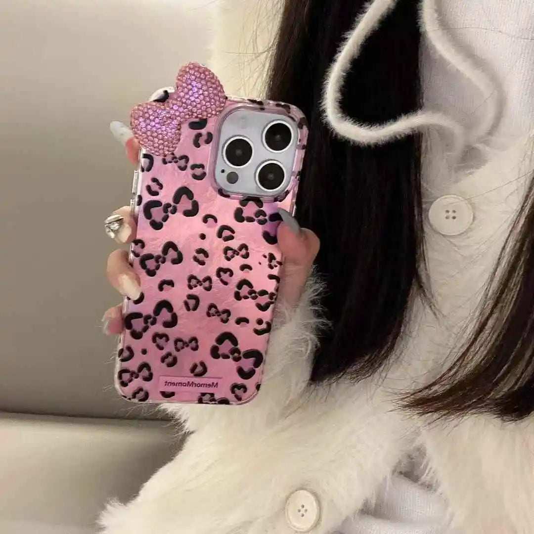 Diamond Bow Case for iPhone 16 Pro Max 13 15 14 Plus Cute Kitty Lovely Leopard Printed Ins Style Phone Cover for iPhone 11 12