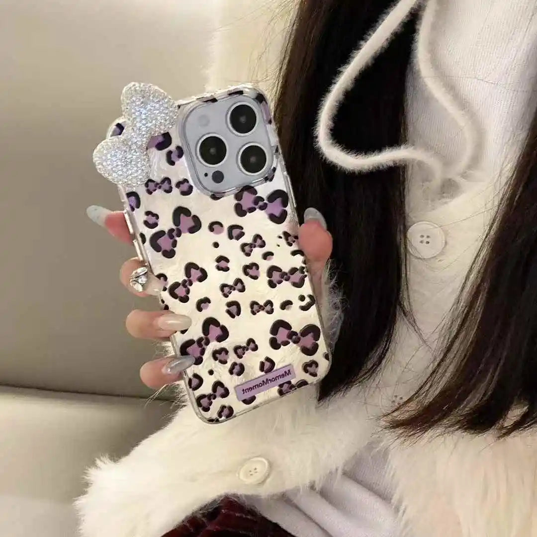 Diamond Bow Case for iPhone 16 Pro Max 13 15 14 Plus Cute Kitty Lovely Leopard Printed Ins Style Phone Cover for iPhone 11 12