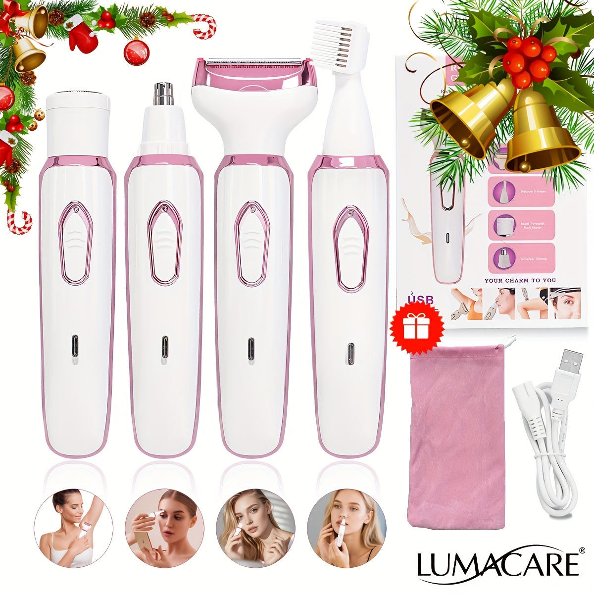 4in1 Women's Electric Hair Remover Multifunctional Women's Electric Shaver Trimmer Set Bikini Line Trimmer for Women USB Rechargeable for Eyebrows, Nose, Face Legs Hair Removal Portable Gentle Perfect Gift for Women