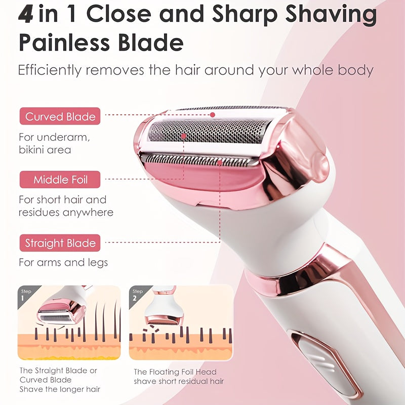 4in1 Women's Electric Hair Remover Multifunctional Women's Electric Shaver Trimmer Set Bikini Line Trimmer for Women USB Rechargeable for Eyebrows, Nose, Face Legs Hair Removal Portable Gentle Perfect Gift for Women